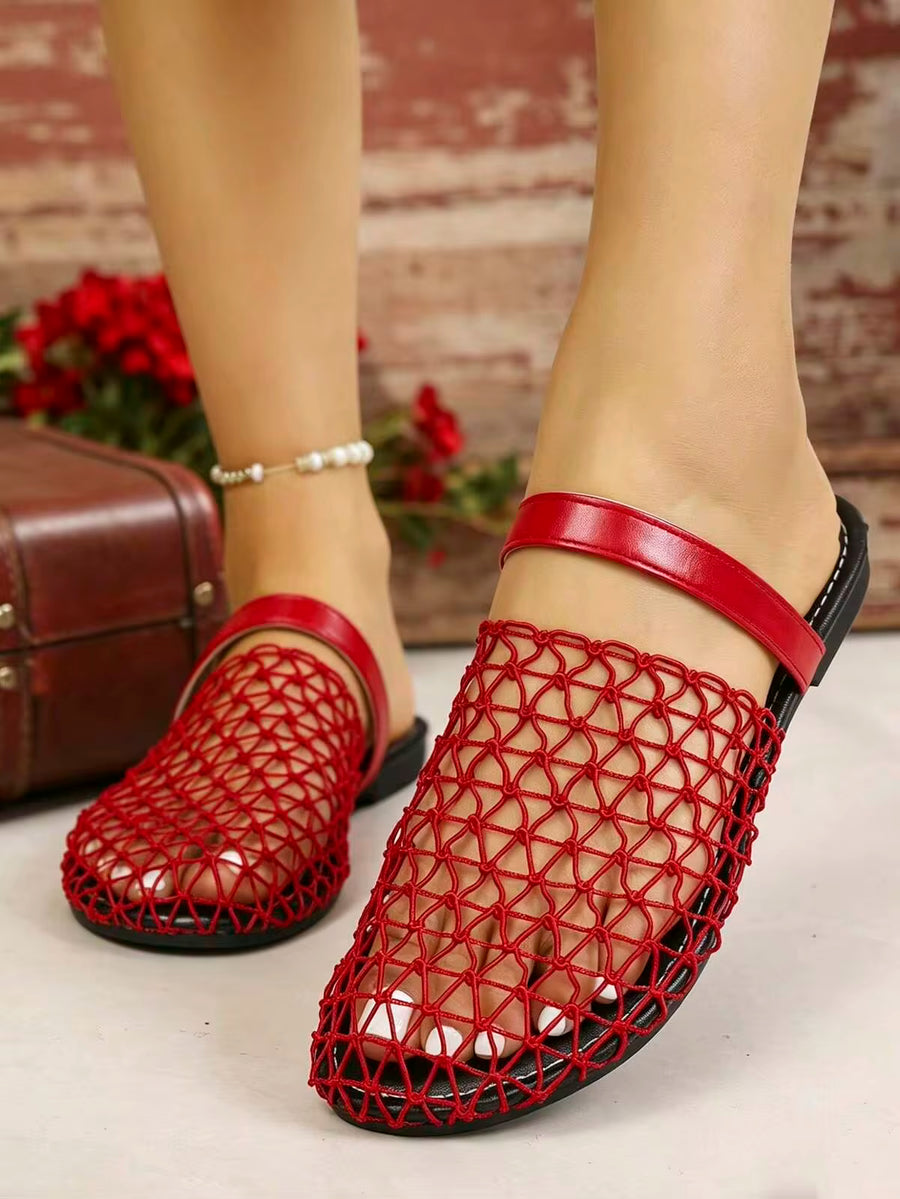 1 Pair Women's Red Mesh Woven Strap Slide Sandals, Hollow Closed Toe Flat Mule Slippers, Suitable For Daily Wear In Summer